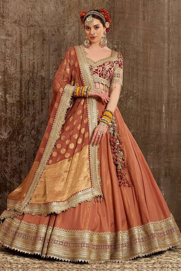 SHIKHAR SHARMA WOMEN Orange Lehenga: Cotton Shimmer Chanderi Embroidery Zari Leaf Neck Set For Women