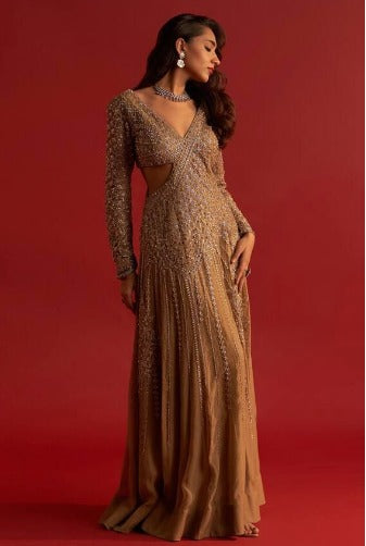 Gold Organza Auric Zari Embellished Saree Gown