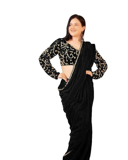 hutah Women's New Fancy Velvet Saree With Blouse Piece