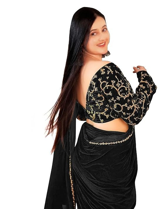 hutah Women's New Fancy Velvet Saree With Blouse Piece