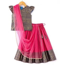 Woven Puff Sleeves Brocade Pattu Pavada Choli with Lehenga And Dupatta – Fuchsia