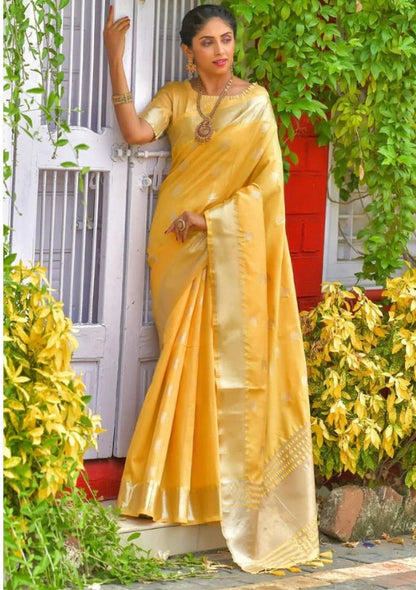 Yellow Soft Assam Silk Saree With Zari Weaves Butties