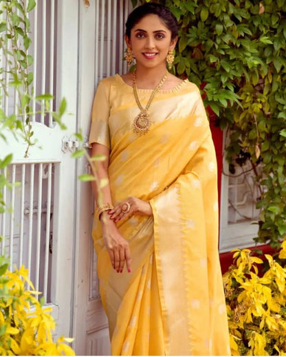 Yellow Soft Assam Silk Saree With Zari Weaves Butties