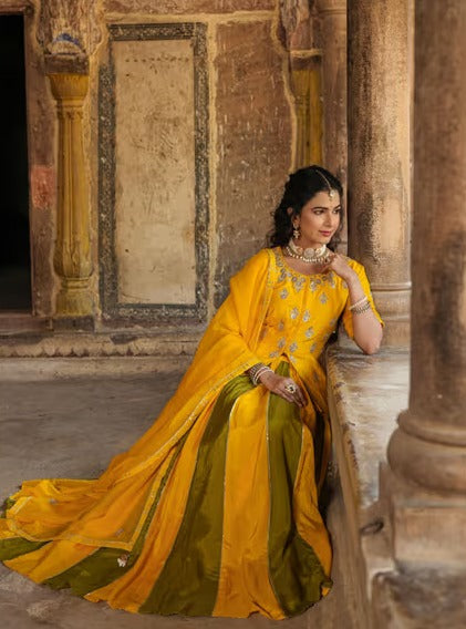 Scakhi Mustard Butter Silk Gota Embellished Lehenga Choli Dupatta