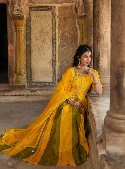 Scakhi Mustard Butter Silk Gota Embellished Lehenga Choli Dupatta