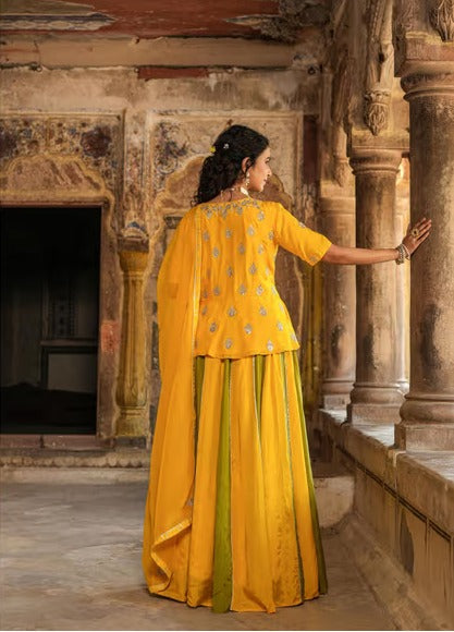 Scakhi Mustard Butter Silk Gota Embellished Lehenga Choli Dupatta