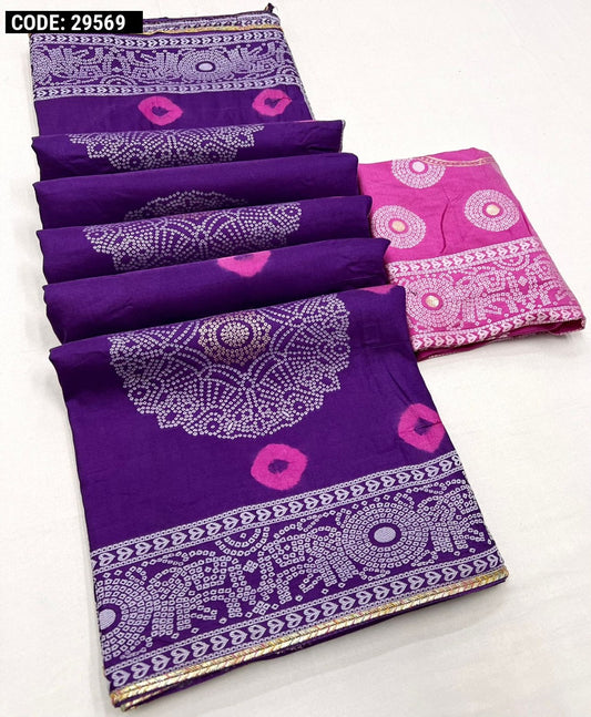 Purple color pure dola silk saree with bandhani printed work