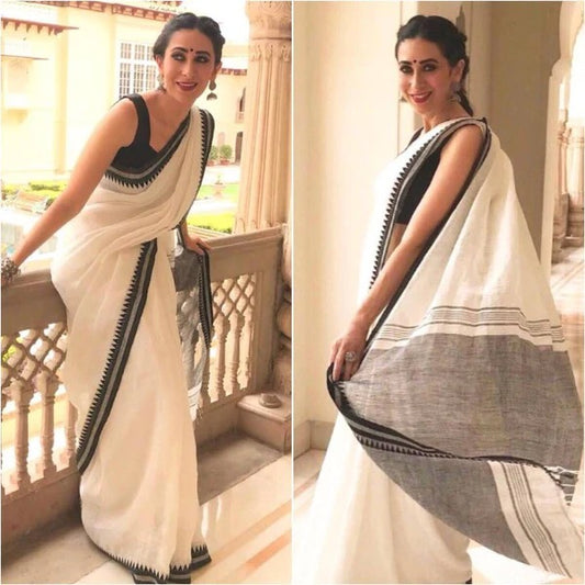 Graceful White Colored Festive Wear Printed Pure Linen Saree