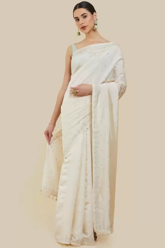 soch  Embellished Daily Wear Tussar Silk Saree  (Cream)