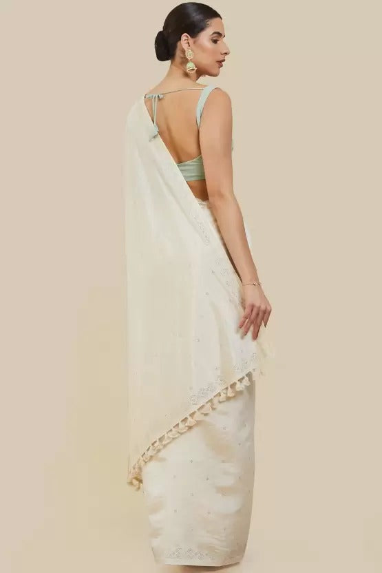 soch  Embellished Daily Wear Tussar Silk Saree  (Cream)