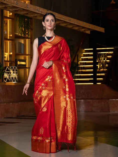 Red Gold-Toned Ethnic Motifs Zari Silk Blend Tussar Saree with Unstitched Blouse