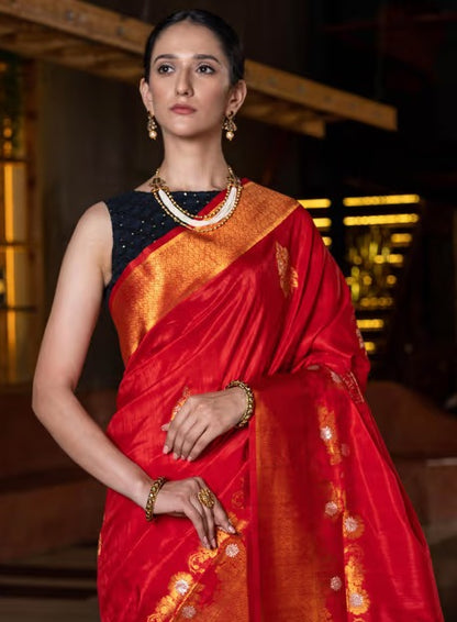 Red Gold-Toned Ethnic Motifs Zari Silk Blend Tussar Saree with Unstitched Blouse