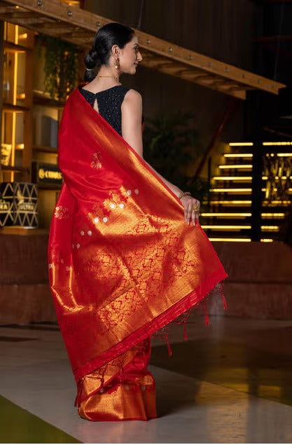 Red Gold-Toned Ethnic Motifs Zari Silk Blend Tussar Saree with Unstitched Blouse