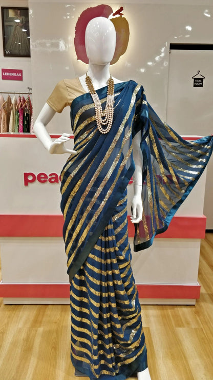 Blue Partywear Embellished With Sequins Georgette Saree