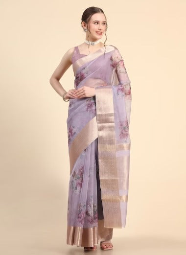 AVANSHEE Floral Printed Zari Organza Saree