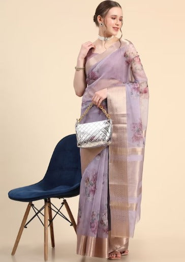 AVANSHEE Floral Printed Zari Organza Saree