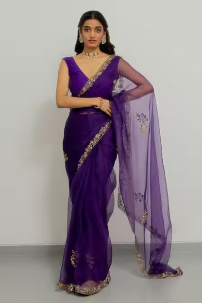 Silk Organza Hand Meenakshi Border Purple Saree