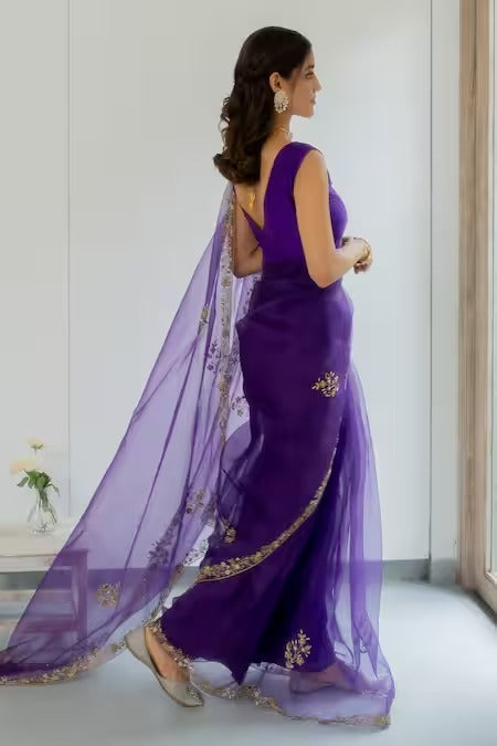 Silk Organza Hand Meenakshi Border Purple Saree