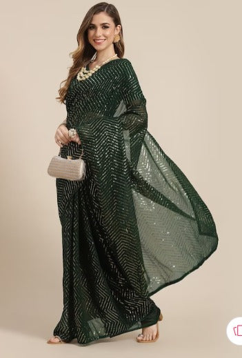 Mitera Green Embellished Sequinned Pure Georgette Heavy Work