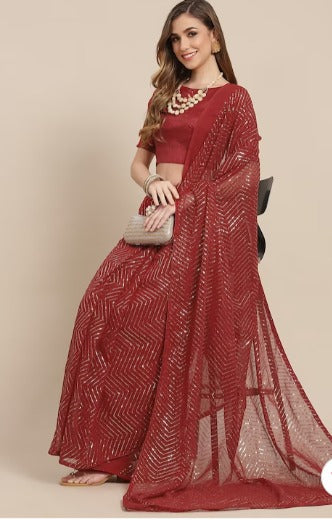 Mitera Maroon Embellished Sequinned Pure Georgette Heavy Work Saree