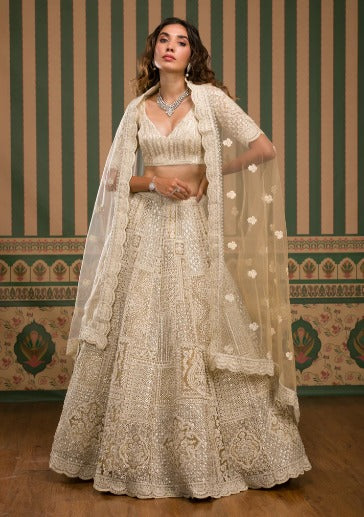 Beige Threadwork Net Semi Stitched Lehenga