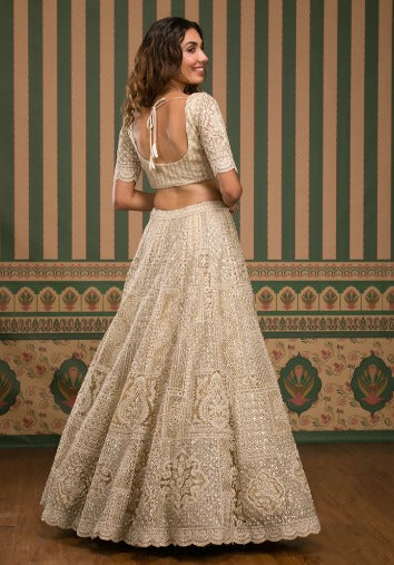 Beige Threadwork Net Semi Stitched Lehenga