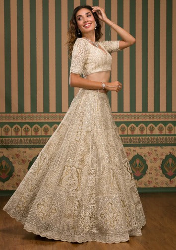 Beige Threadwork Net Semi Stitched Lehenga