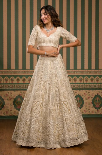 Beige Threadwork Net Semi Stitched Lehenga