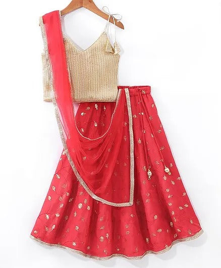 Woven Sleeveless Sequenced Choli With Embroidered Lehenga And Dupatta - Red