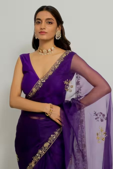 Silk Organza Hand Meenakshi Border Purple Saree