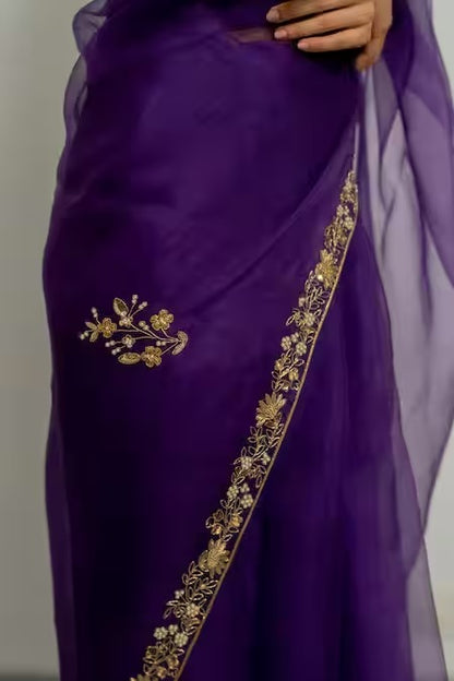 Silk Organza Hand Meenakshi Border Purple Saree