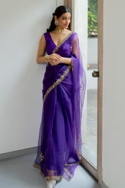 Silk Organza Hand Meenakshi Border Purple Saree