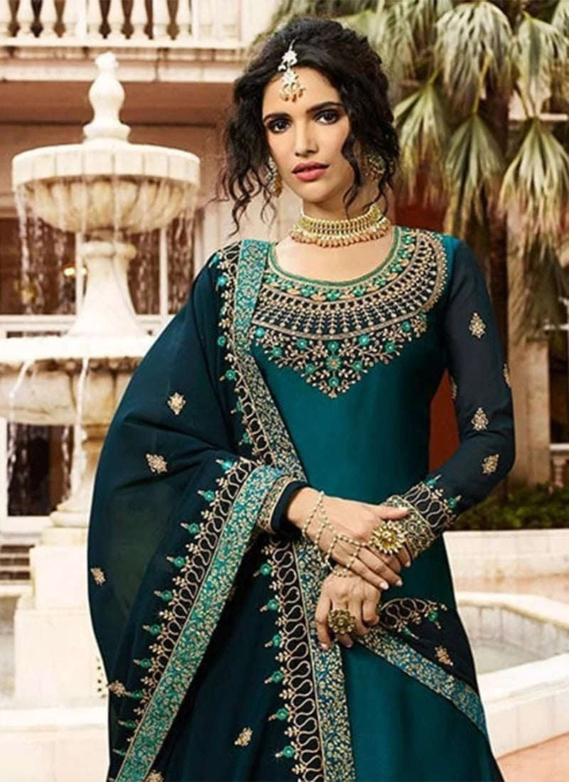 Teal Blue Embroidered Long Choli Lehenga Party Wear