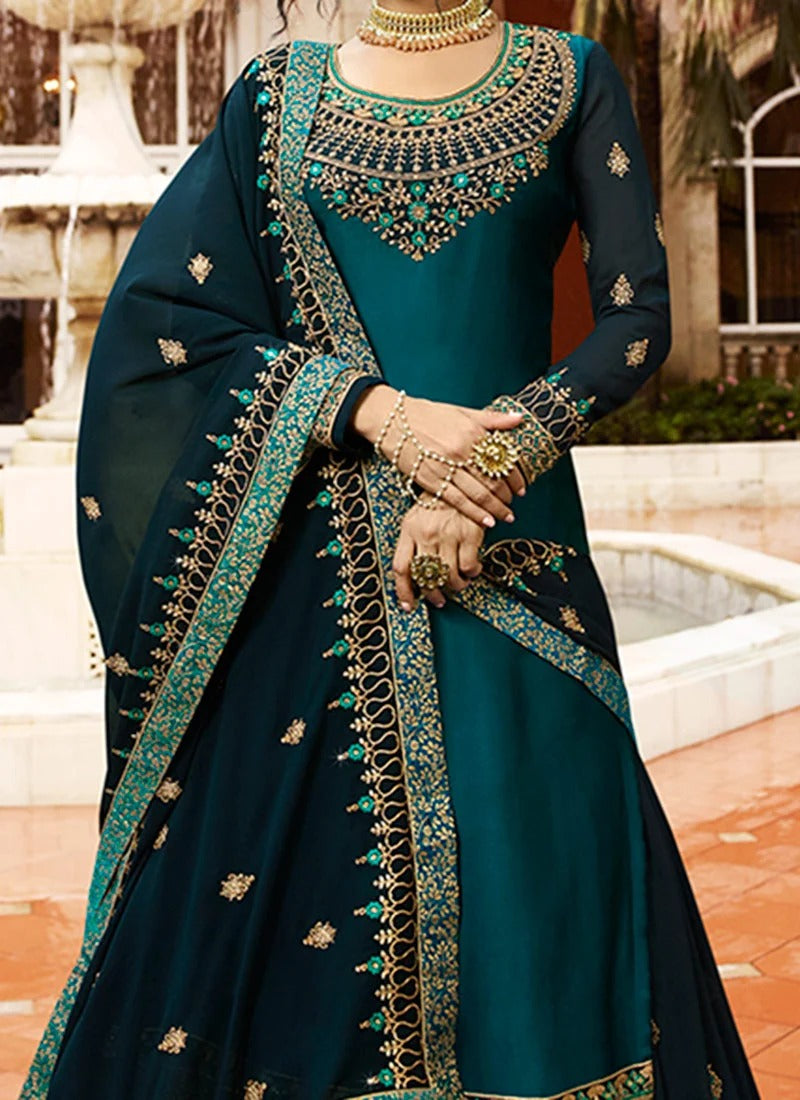 Teal Blue Embroidered Long Choli Lehenga Party Wear