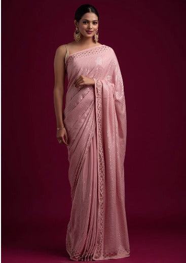 Baby Pink Sequins Semi Crepe Designer Saree