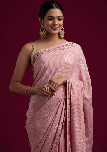 Baby Pink Sequins Semi Crepe Designer Saree