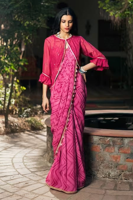 Pink Silk Print Chevron Sweetheart Pre-draped Saree And Jacket Set For Women