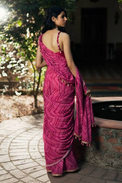 Pink Silk Print Chevron Sweetheart Pre-draped Saree And Jacket Set For Women