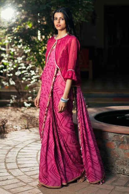 Pink Silk Print Chevron Sweetheart Pre-draped Saree And Jacket Set For Women