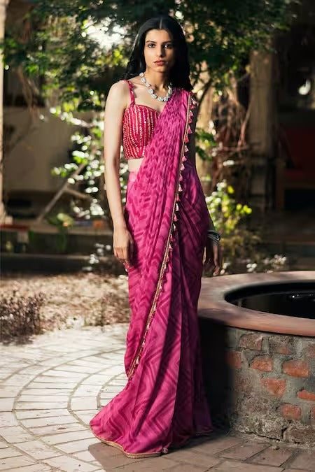 Pink Silk Print Chevron Sweetheart Pre-draped Saree And Jacket Set For Women