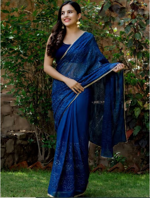 HOUSE OF JAMOTI Classic Blue Shimmer Sequin Saree with Unstitched Blouse