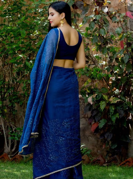 HOUSE OF JAMOTI Classic Blue Shimmer Sequin Saree with Unstitched Blouse