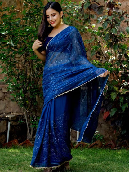 HOUSE OF JAMOTI Classic Blue Shimmer Sequin Saree with Unstitched Blouse