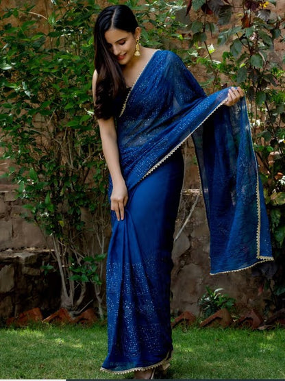 HOUSE OF JAMOTI Classic Blue Shimmer Sequin Saree with Unstitched Blouse