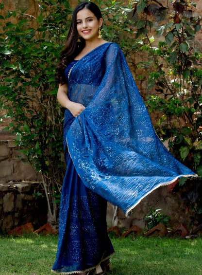 HOUSE OF JAMOTI Classic Blue Shimmer Sequin Saree with Unstitched Blouse