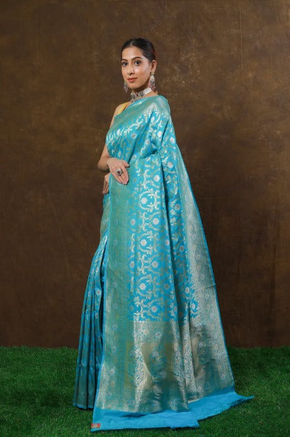 SKY BLUE HANDWOVEN CUTWORK KATAN SILK SAREE