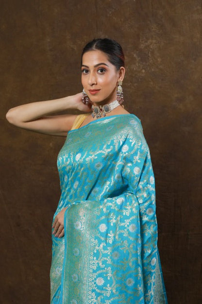 SKY BLUE HANDWOVEN CUTWORK KATAN SILK SAREE