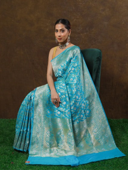 SKY BLUE HANDWOVEN CUTWORK KATAN SILK SAREE