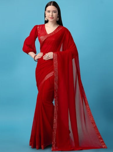 Red & Gold-Toned Sequin Embellished Pure Georgette Saree