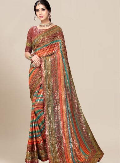 Maroon & Green Sequinned Leheriya Saree